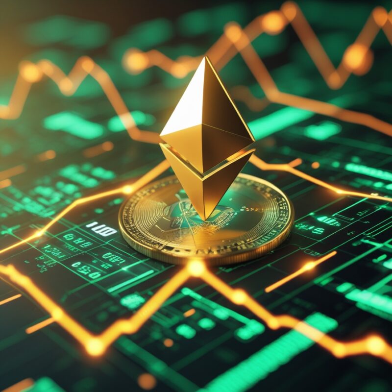 Ethereum price breakout analysis visualized with a golden Ethereum logo, market charts, and trend lines, highlighting potential resistance and support levels.