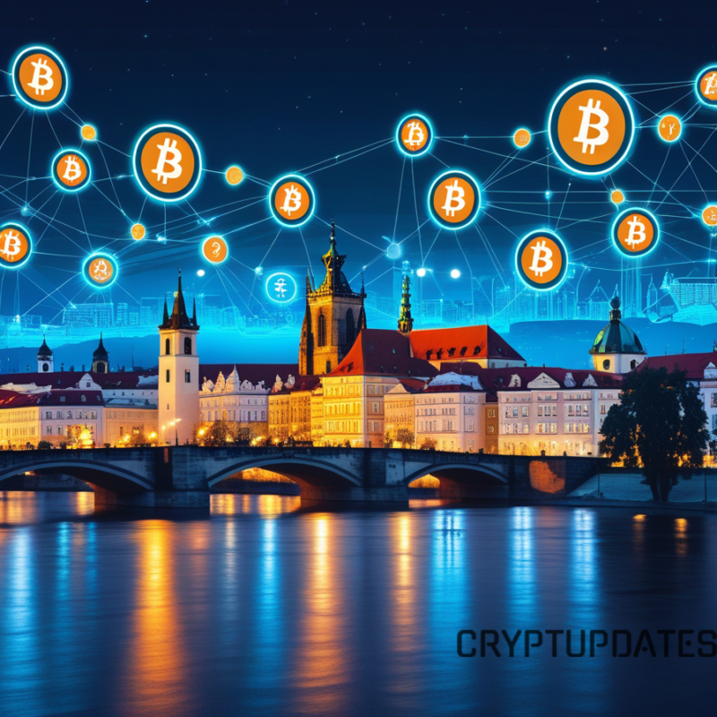 Bitcoin tax-free in Czech Republic: Prague skyline with Bitcoin symbols and digital connections.