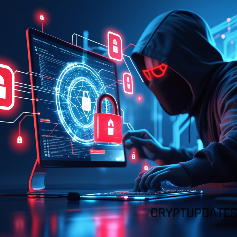 Crypto security breaches illustration showing a hacker targeting a hot wallet, with blockchain security shields and digital warning symbols.