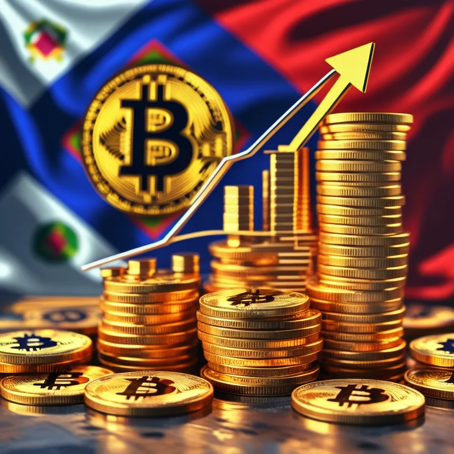 Golden Bitcoin stacks with an upward arrow, set against a Bitcoin-themed flag, symbolizing El Salvador’s growing Bitcoin reserves.