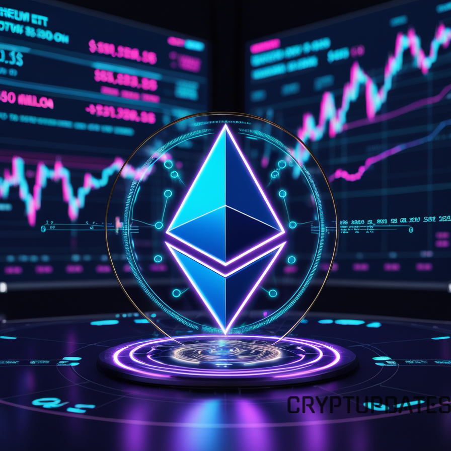 Ethereum ETFs inflows surpassing $500 million, represented by a glowing Ethereum logo, financial charts, and institutional investment trends in a futuristic digital setting.