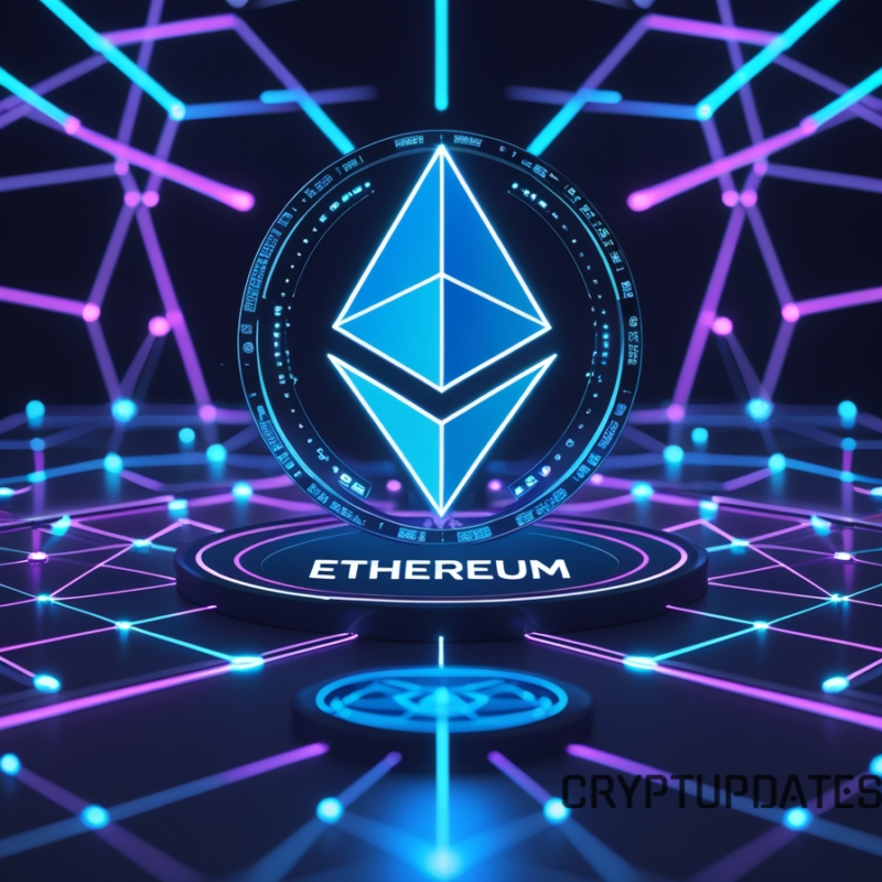 Ethereum Pectra upgrade visualization with a glowing Ethereum logo, blockchain nodes, and futuristic digital network representing the upcoming testnet deployment on Holesky and Sepolia.