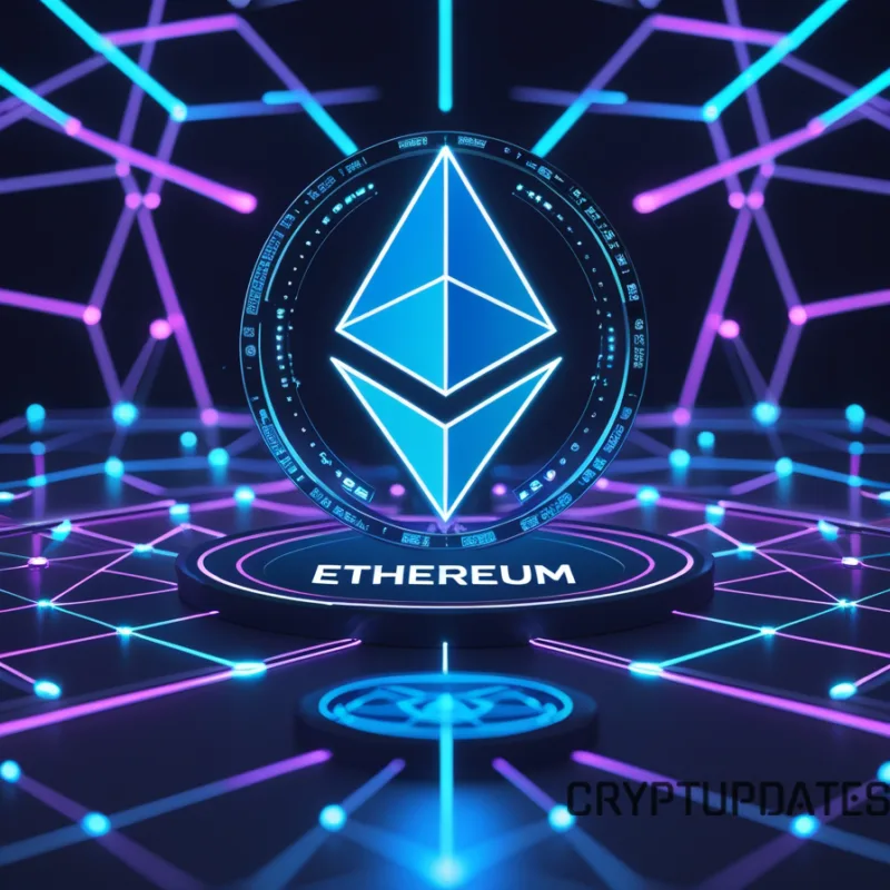 Ethereum Pectra upgrade visualization with a glowing Ethereum logo, blockchain nodes, and futuristic digital network representing the upcoming testnet deployment on Holesky and Sepolia.