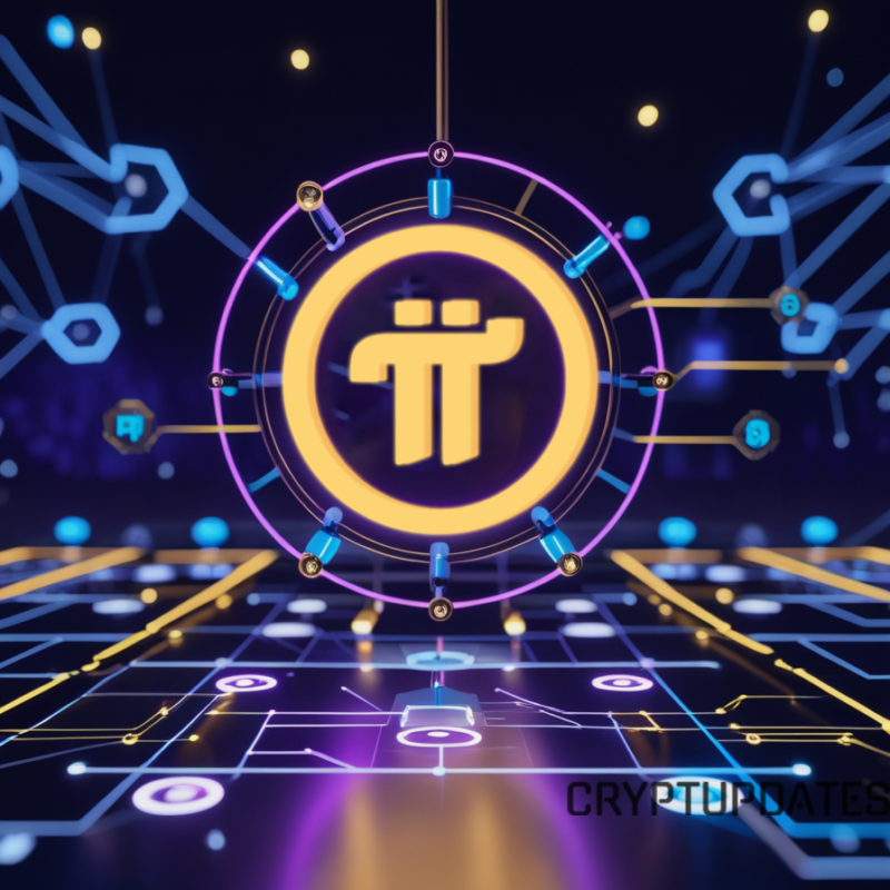 Glowing neon Pi Network logo connected to a decentralized blockchain network, symbolizing the Pi Network Open Mainnet Date on February 20, 2025.