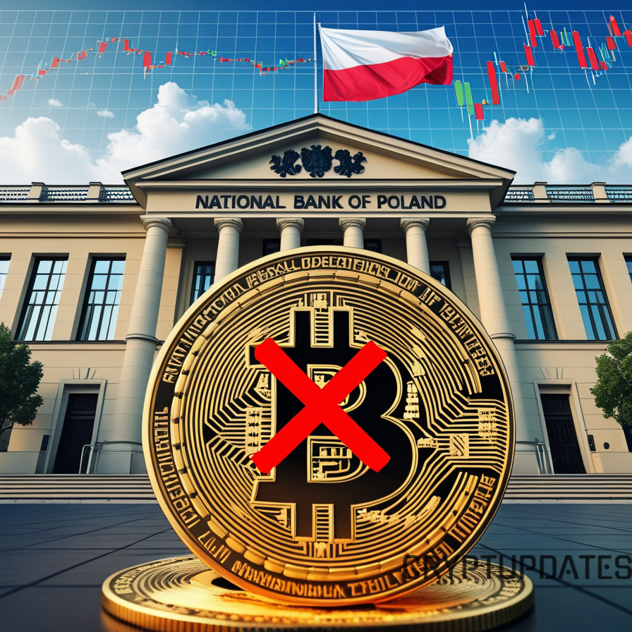 The National Bank of Poland building with the Polish flag in the background, featuring a large Bitcoin symbol crossed out, symbolizing Poland Central Bank Rejects Bitcoin as a reserve asset due to its volatility.