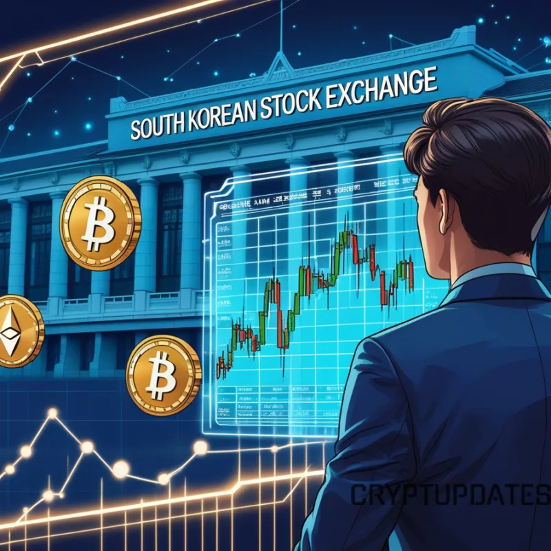 South Korea Crypto ETF Approval with Bitcoin and Ethereum symbols at the South Korean Stock Exchange.